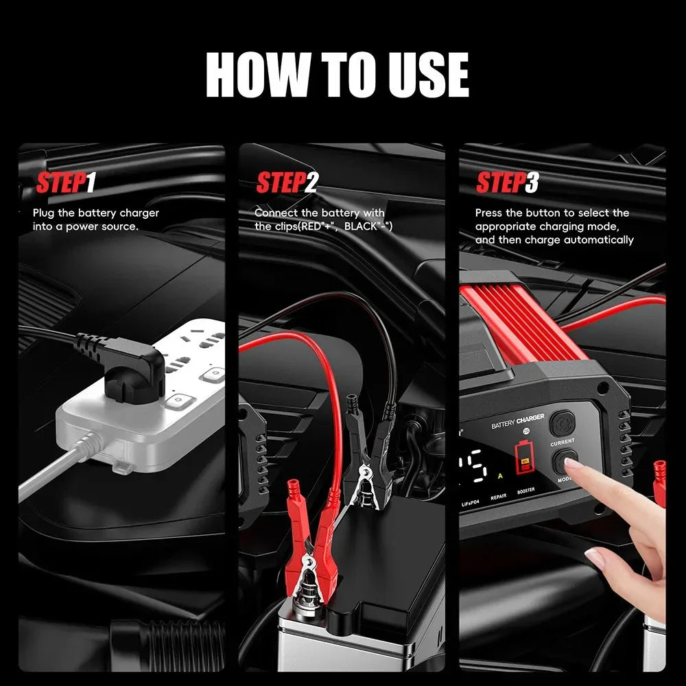 Portable 25A/15A Smart Car Battery Charger for 12V-24V Motorcycle Lead Acid AGM GEL LiFePo4 Batteries Car Booster Pulse Repair