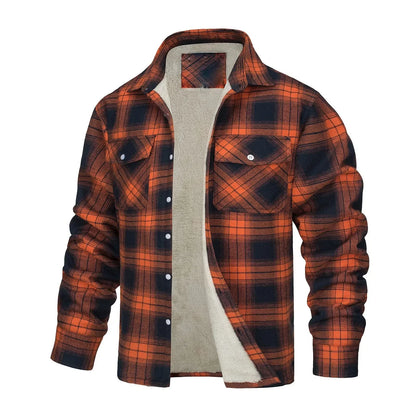 Men Fall Winter Jacket Plaid Print Lapel Soft Plush Long Sleeve Single-Breasted Loose Thickened Casual Mid Length Men Coat