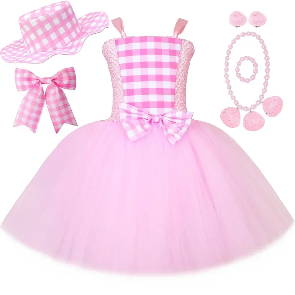 Costume Barbie La Movie pour filles Margot Robbie Robe tutu en tulle à carreaux rose Vêtements de déguisement de princesse pour enfants pour Halloween et fêtes d'anniversaire