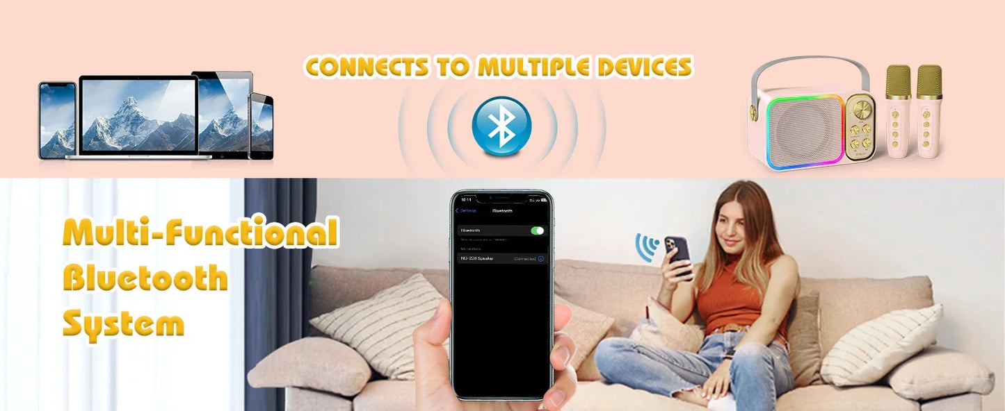Bluetooth Speaker Accessory Portable RGB LED Light Karaoke With 1-2 Wireless Microphones Effects HIFI Stereo Surround Voice