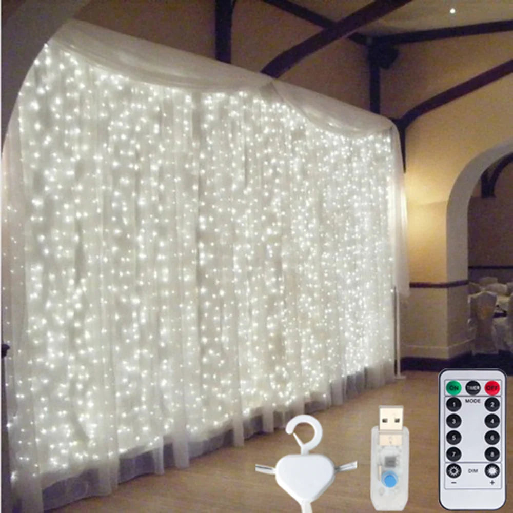 Guirlande lumineuse rideau LED USB, pour Nouvel An, Noël, mariage, anniversaire, chambre à coucher, Ramadan, Pâques, décoration intérieure