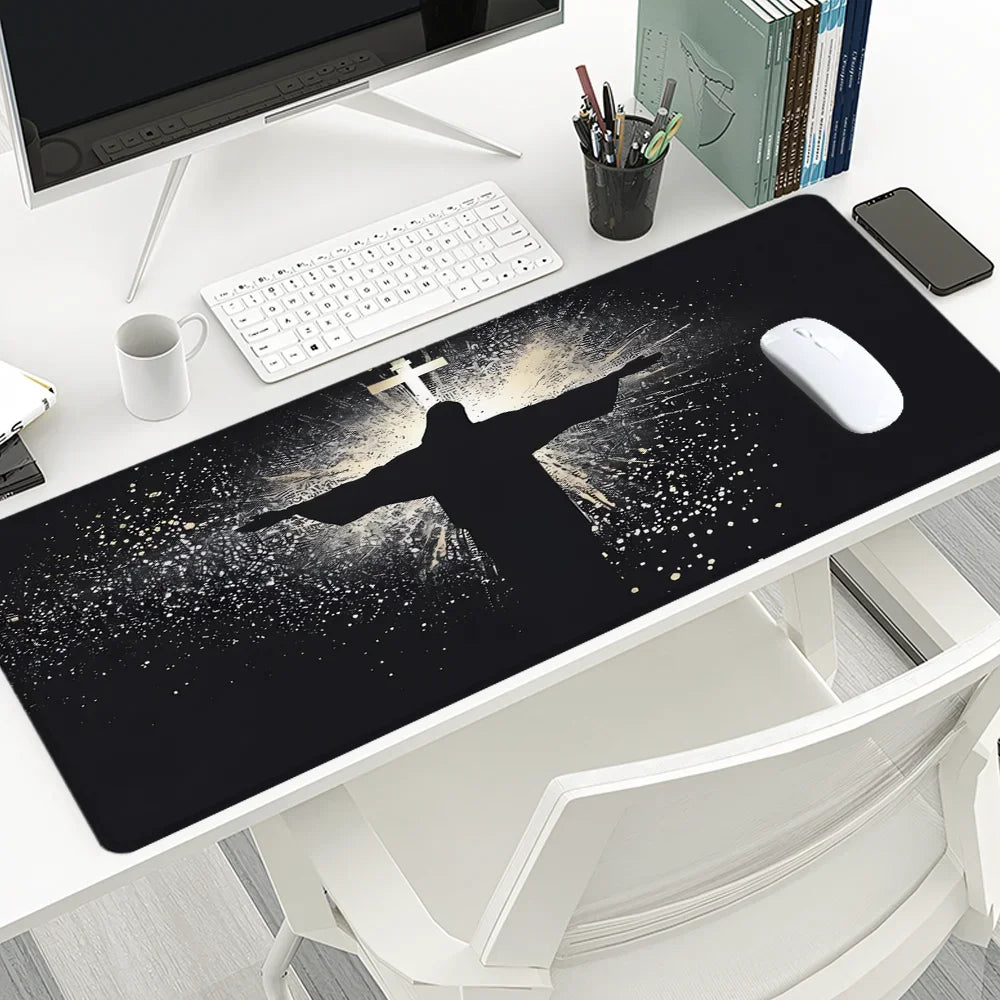 Jesus & Cross Mouse Pad Large Desk Accessories Desk Pad Rubber Base with Stitched Edge Mousepad Non-Slip Mousepad for Office