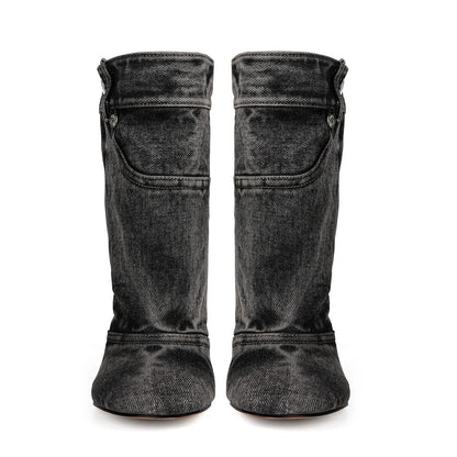 European and American Alien and Square Head Splicing Design Water Washed Cowboy Boots for Women's Trendy Side Zipper Short Boots