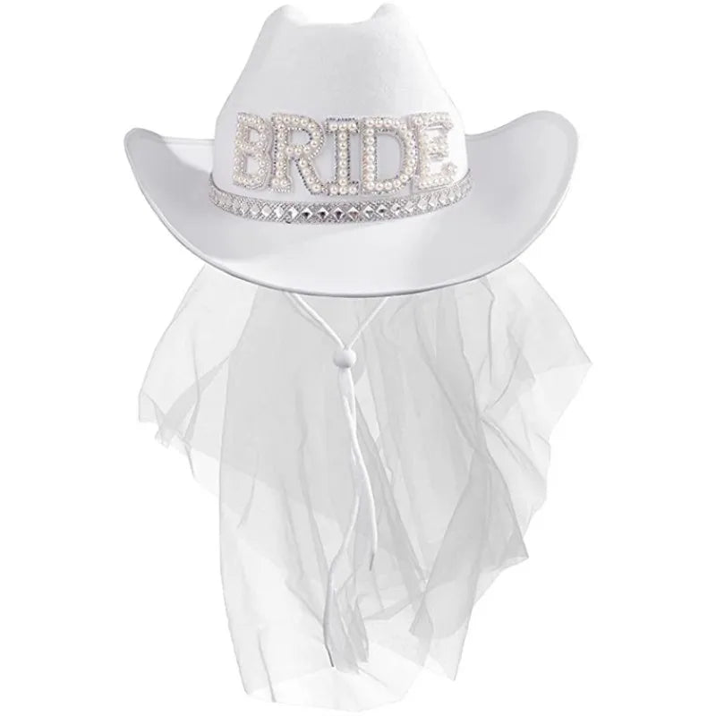 Chapeau de Cowboy blanc avec lettres de mariée, chapeau en perles et strass, chapeau de Cowgirl de mariage, décoration de fête de poule Bach, cadeau de plage d'été