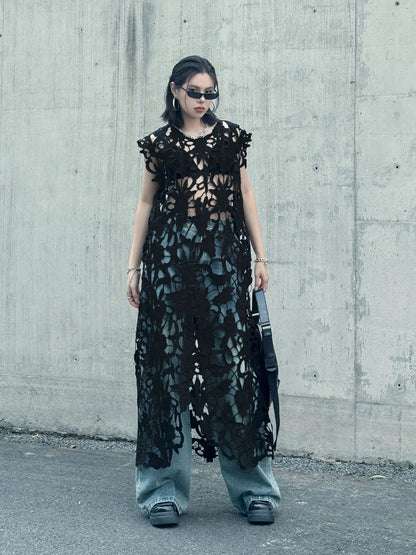 [EWQ] Chic belle Robe européenne à la mode femmes vêtements crochet à motifs découpe Robe sans manches Robe noire 2025 été nouveau