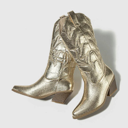Eilyken Designer Embroidery Knee-High Boots Women Handmade Western Cowboy Booties Street Low Heels Shoes Zapatos De Mujer