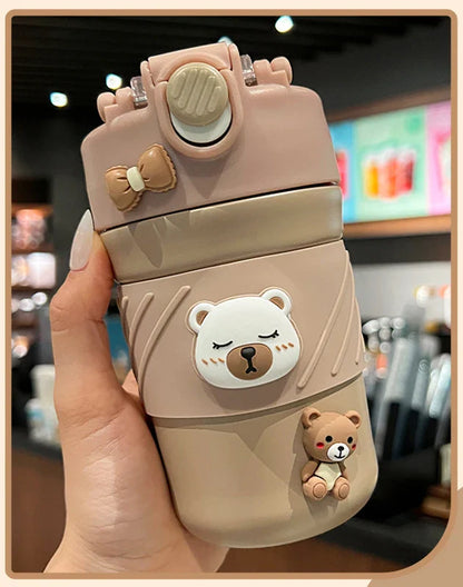 450ML Mignonne Tasse à Café Thermos Double Boisson Ours avec Paille Gobelet Portable en Acier Inoxydable Bouteille Isotherme pour Enfants Filles