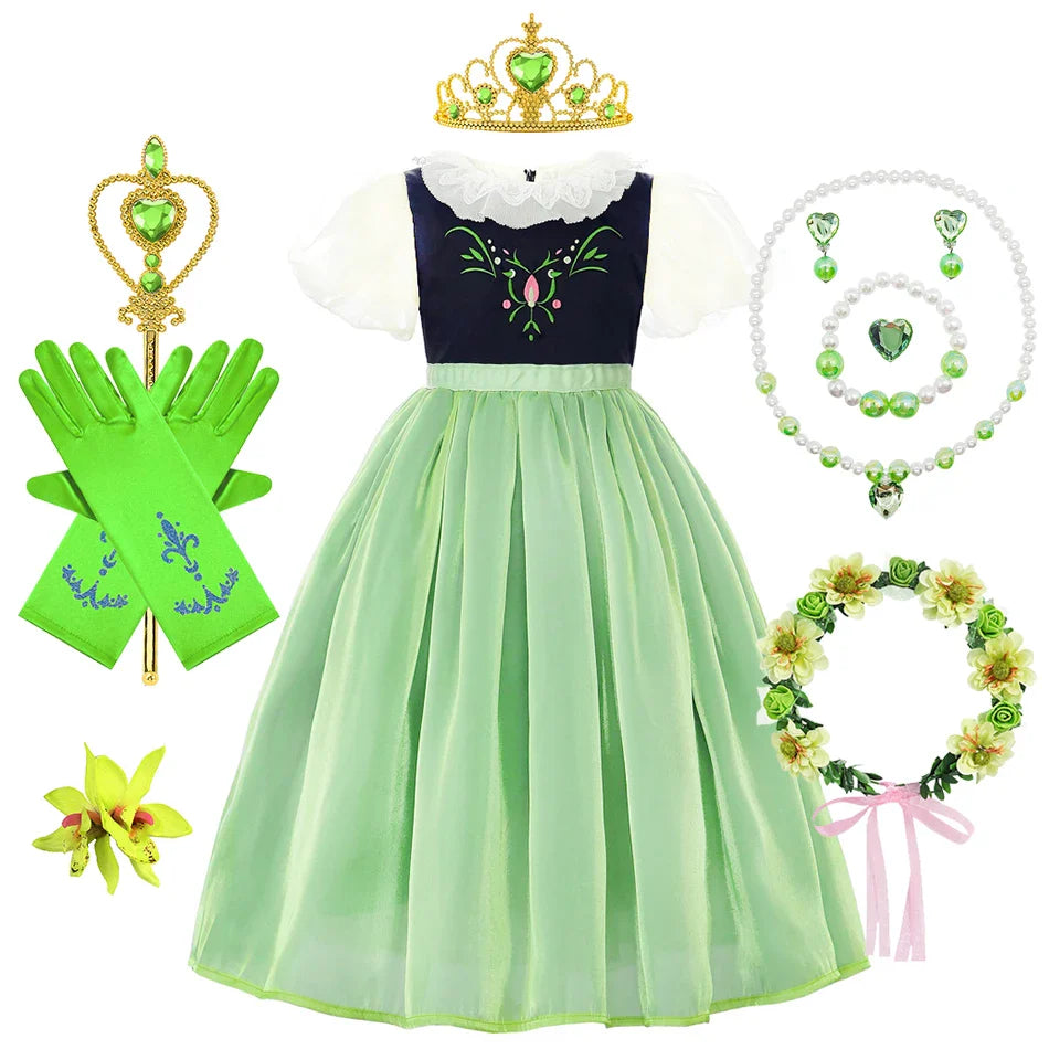 Robe de princesse de cosplay Anna pour filles, costume en maille à manches lanternes, pour fête d'anniversaire, carnaval, Halloween, robe de bal pour enfants