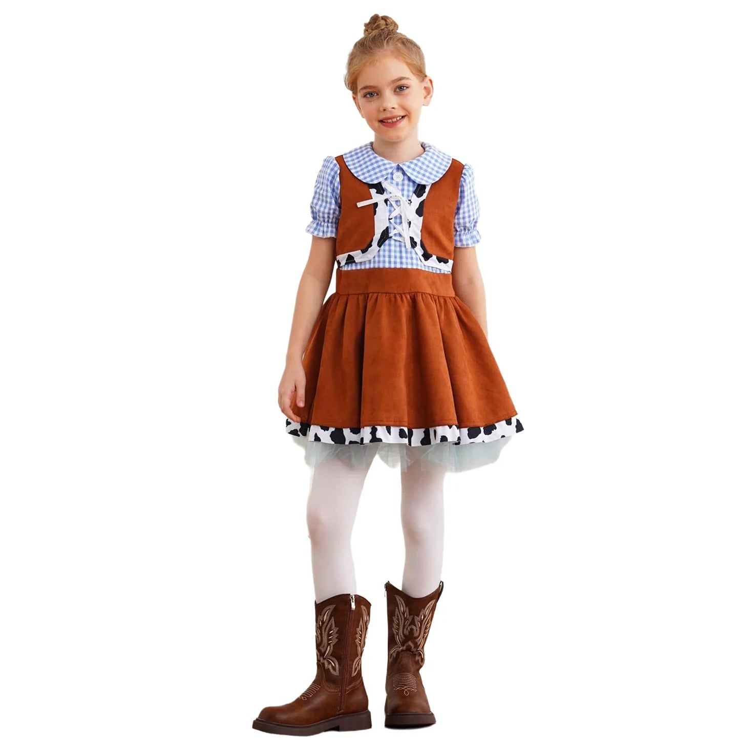Kids Girls Western Cowboy Cowgirl Costume Puff Sleeve Cow Print Gingham A-line Dress Halloween Carnival Cosplay Party Dress Up