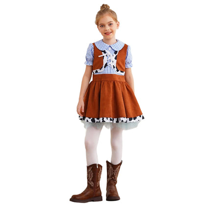 Kids Girls Western Cowboy Cowgirl Costume Puff Sleeve Cow Print Gingham A-line Dress Halloween Carnival Cosplay Party Dress Up