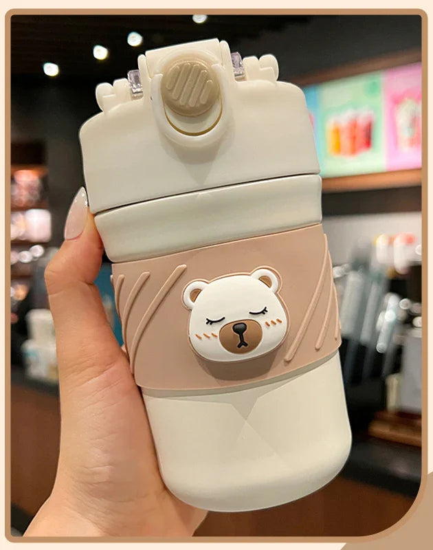 450ML Mignonne Tasse à Café Thermos Double Boisson Ours avec Paille Gobelet Portable en Acier Inoxydable Bouteille Isotherme pour Enfants Filles