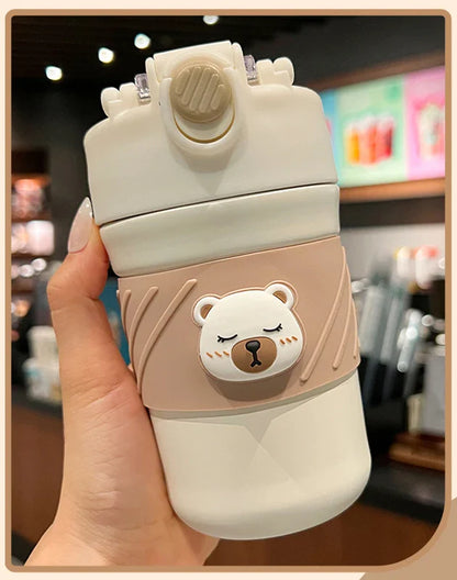 450ML Mignonne Tasse à Café Thermos Double Boisson Ours avec Paille Gobelet Portable en Acier Inoxydable Bouteille Isotherme pour Enfants Filles