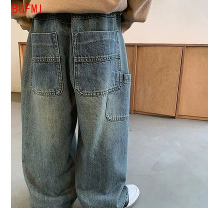 Korean Children's Denim Overalls Spring Autumn Casual Jeans Wide Denim Pants Wide Leg Jeans for Kids Loose Streetwear Trouser