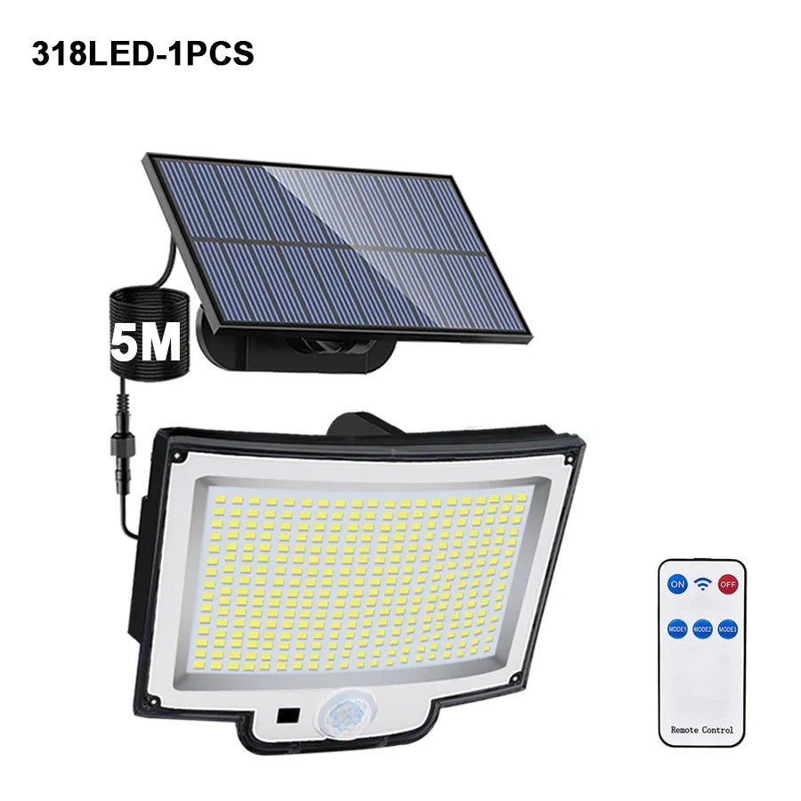 Lumières d'inondation solaires extérieures 106/318 LED lumières de mouvement solaires lumières de sécurité solaires à distance appliques murales étanche 3 Modes jardin