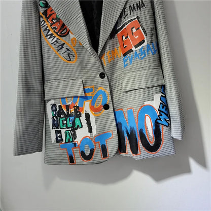 Femmes Lettres Graffiti Carreaux Blazers Manteau Carreaux Costumes Veste Mi-Longue OL Col Rabattu Cardigan Court Hauts Jaqueta