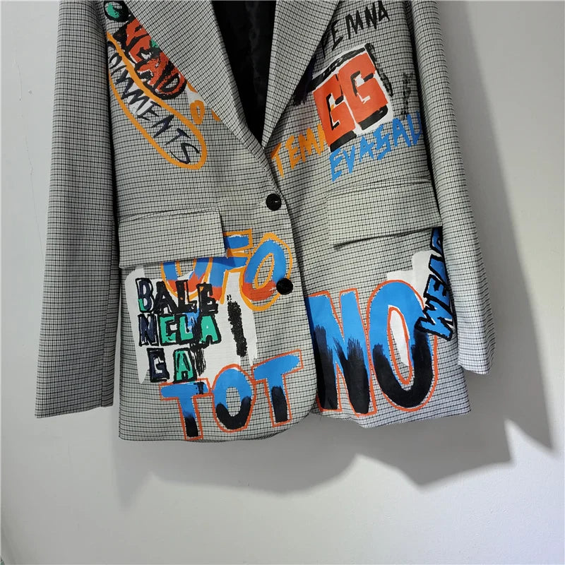 Women Letters Graffiti Checked Blazers Coat Plaids Suits Jacket Mid Length OL Turn Down Collar Cardigan Crop Tops Jaqueta