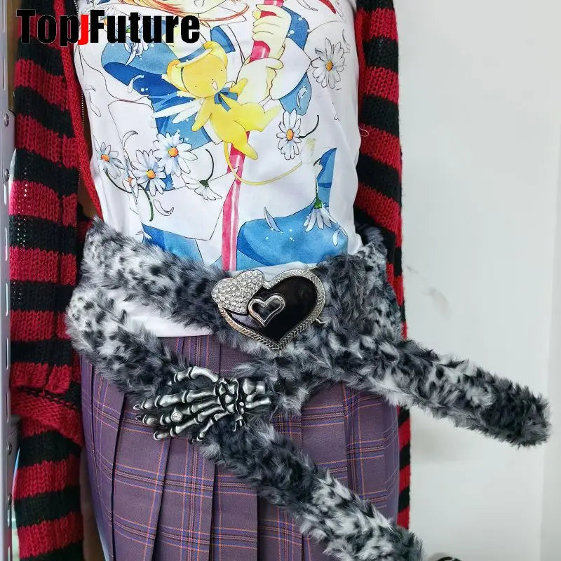 Y2K-Harajuku Western Cowboy Furry Snowleopard Punk Skull Belt, Gift for Women and Men, Girls