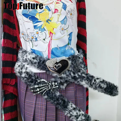 Y2K-Harajuku Western Cowboy Furry Snowleopard Punk Skull Belt, Gift for Women and Men, Girls