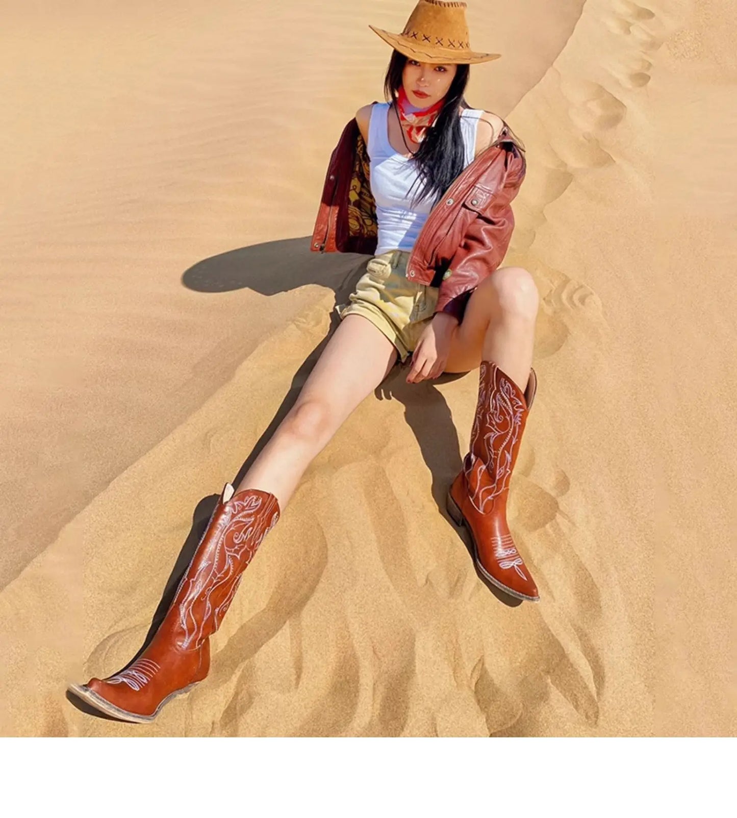Women's boots genuine leather embroidery knee-length western cowboy boots high heels retro all-match knight fashion boots