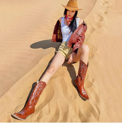 Women's boots genuine leather embroidery knee-length western cowboy boots high heels retro all-match knight fashion boots