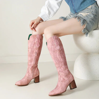 Bottes de cavalière roses style western, bottes de cowboy pointues mi-mollet, bottes en cuir à gros talon brodées pour femmes
