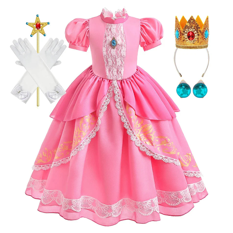 Peach Princess Costume with LED Color Light Toddler Birthday Game Role Play Dress Girl Halloween Festival Gown Pink Lace 2-9 Y C