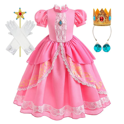 Peach Princess Costume with LED Color Light Toddler Birthday Game Role Play Dress Girl Halloween Festival Gown Pink Lace 2-9 Y C