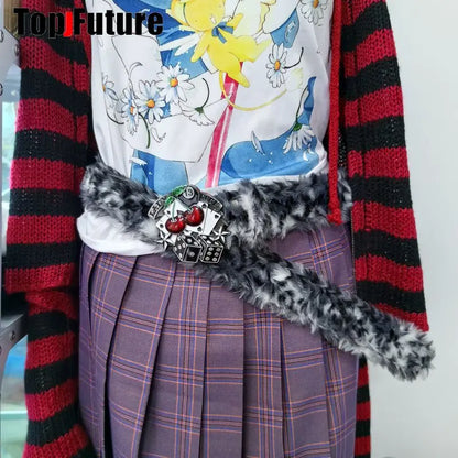 Y2K-Harajuku Western Cowboy Furry Snowleopard Punk Skull Belt, Gift for Women and Men, Girls