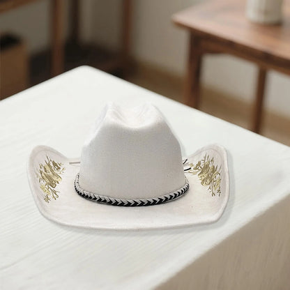 Retro Suede Cowgirl Hat for Women and Men, Floral Embroidery Wide Brim Western Cap Jazz Hat Cowboy Hats