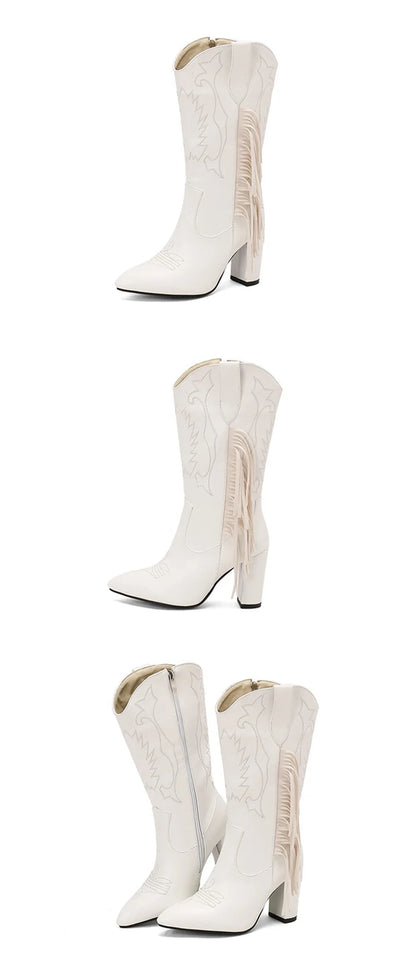 Botas De Mujer bottes De Cowboy occidentales brodées femmes mode pointu gland côté fermeture éclair genou bottes hautes chaussures gothiques 8508
