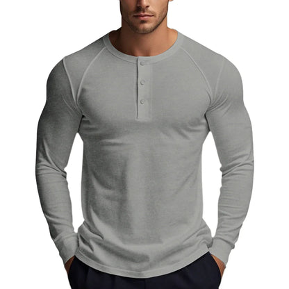 T-shirts boutonnés à manches longues pour hommes, col Henley, décontractés, de haute qualité, pour l'automne