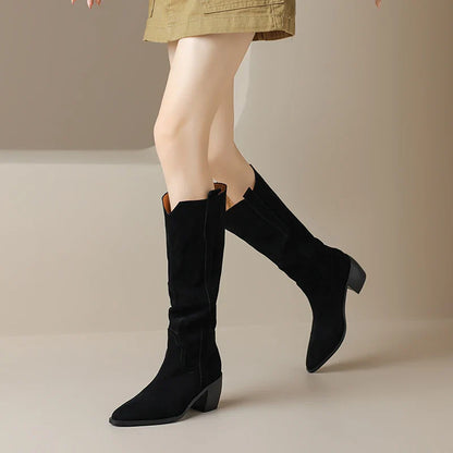 Bottes de Cowboy en Daim de Vache à Talons Hauts pour Femme, Style Vintage, Style Country Western, à la Mode, Automne Hiver