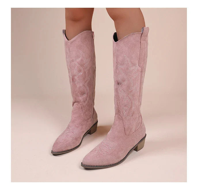 Embroidered Western Cowboy Boots for Women Autumn Pointed Toe Thick Heel High Knee Boots Woman Loose PU Leather Long Botas Mujer