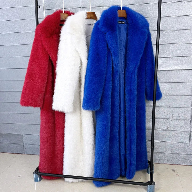 Long Faux Fur Coat Women Autumn Winter Large Jacket Overcoat White Turn Down Collar Pockets Thick Coat Warm Jackets Maxi Coats