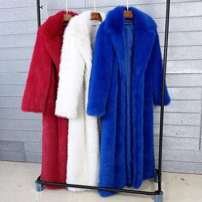 Manteau long en fausse fourrure pour femme, automne-hiver, grande veste, pardessus blanc, col rabattu, poches, épais, chaud, maxi manteaux
