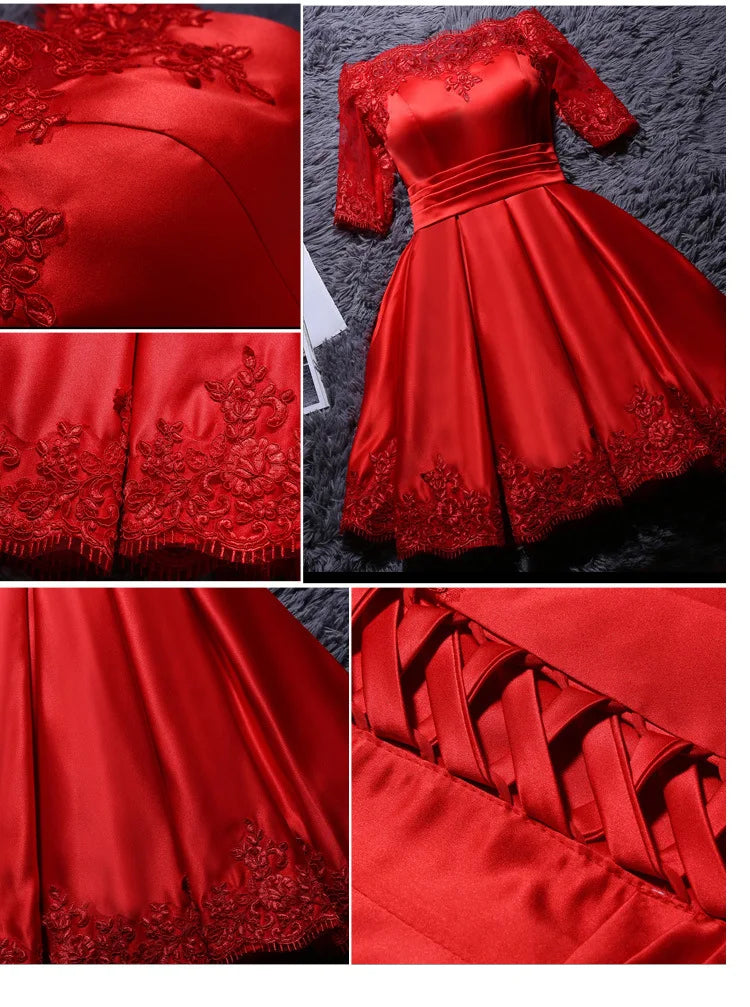 Élégantes robes de soirée épaules dénudées courtes en satin ligne A robe de cocktail avec demi-manches robe de soirée robes de bal