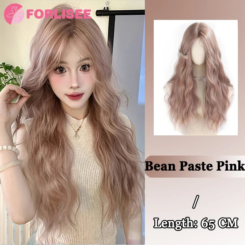 Pink Blonde Highlights Long Wavy Wig Synthetic Colorful Lolita Cosplay Hair Wigs with Bangs for Women Heat Resistant Daily Use
