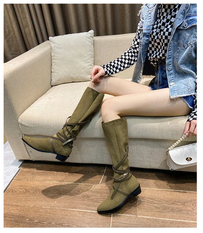 Matte Leather Gothic Western Cowboy Boots Women's Fashion Autumn New Style Pointed Toe Lace-up Retro High Top Flat Heel Boots