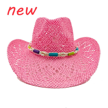 Chapeau de paille de cowboy vert matcha, tissé à la main, creux, pour hommes et femmes, chapeau de soleil d'été, chapeau de paille de cowboy occidental