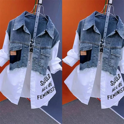 Blouson en jean pour femme Faux deux chemises en jean 2025 Nouvelle collection printemps été automne Décontracté Mode Joker Couture Rayé Hauts Manteau Femme