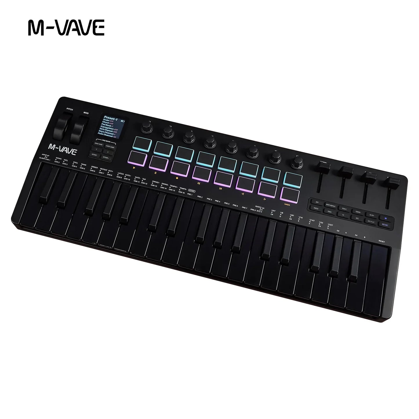 Clavier MIDI M-VAVE All Black PRO 37 touches, 16 tampons RGB, 4 faders, 8 encodeurs, moteur de synthétiseur FM DX-7 intégré, 5 couleurs en option