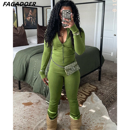 Ensembles 2 pièces FAGADOER automne hiver pour femmes Tenue décontractée Hauts courts à fermeture éclair et poche + Pantalons leggings taille haute Survêtements de jogging Streetwear