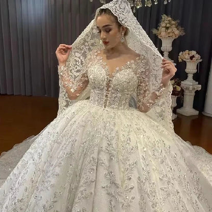 Customzied Gorgeous Wedding Dress For Women Long Sleeves  Sequins Appliques Bridal Gown O-Neck Bridal dress Vestido De Novia