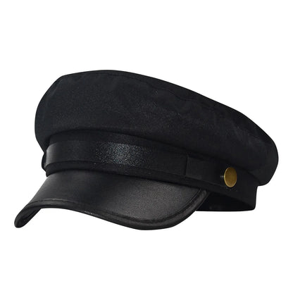 PU Leather Unisex Cycling Caps, Women Men Autumn Sailor Hat Black, Travel Student Hat, Flat Top Captain Hat