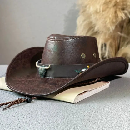 Chapeau de cowboy occidental rétro de haute qualité avec décoration tête de vache, chapeau de jazz en faux cuir pour homme, chapeau Panama, chapeau de cowgirl