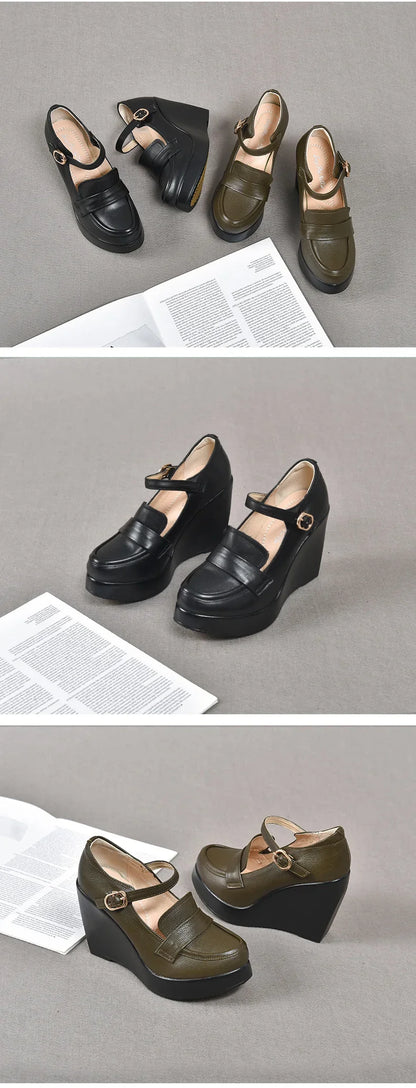 GKTINOO 2025 Compensées Chaussures Femme Printemps Automne À Enfiler Talons Hauts Bout Rond Cuir Véritable Décontracté Plateforme Dames Chaussures Femme