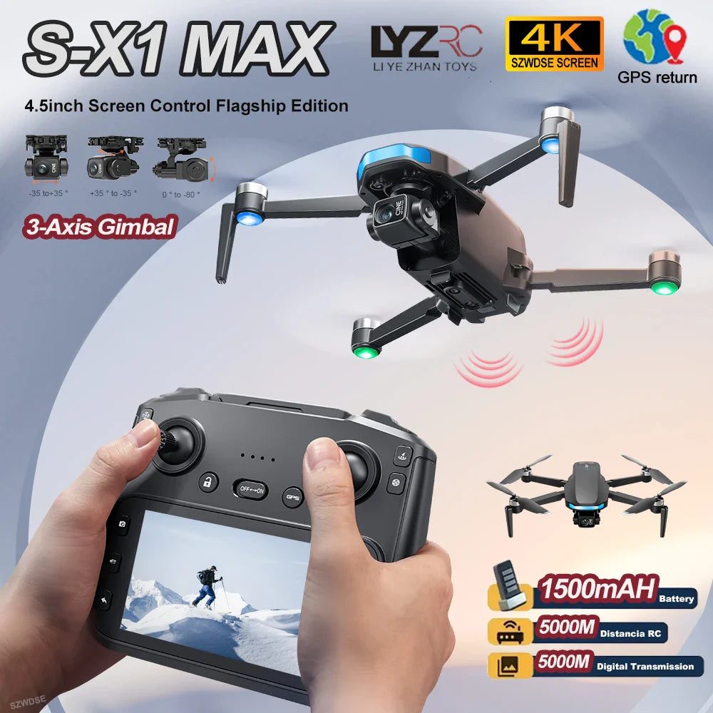 S-X1 MAX Drone GPS 4K professionnel HD EIS Caméras 3 axes Cardan aérien sans balais Écran 4.5" 5G WIFI FPV Drones RC Quadricoptère