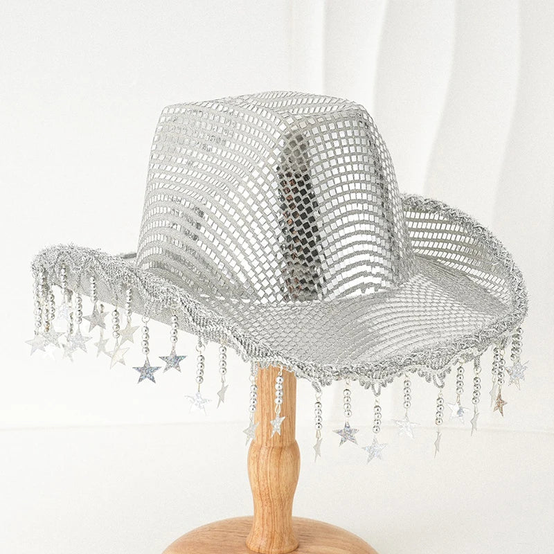 Creative Sequin Cowboy Hat for Women, Shiny Cowgirl Hat, Wide Brim Hat, Western Glitter Star, Tassel, Theme Party Cap, 2025