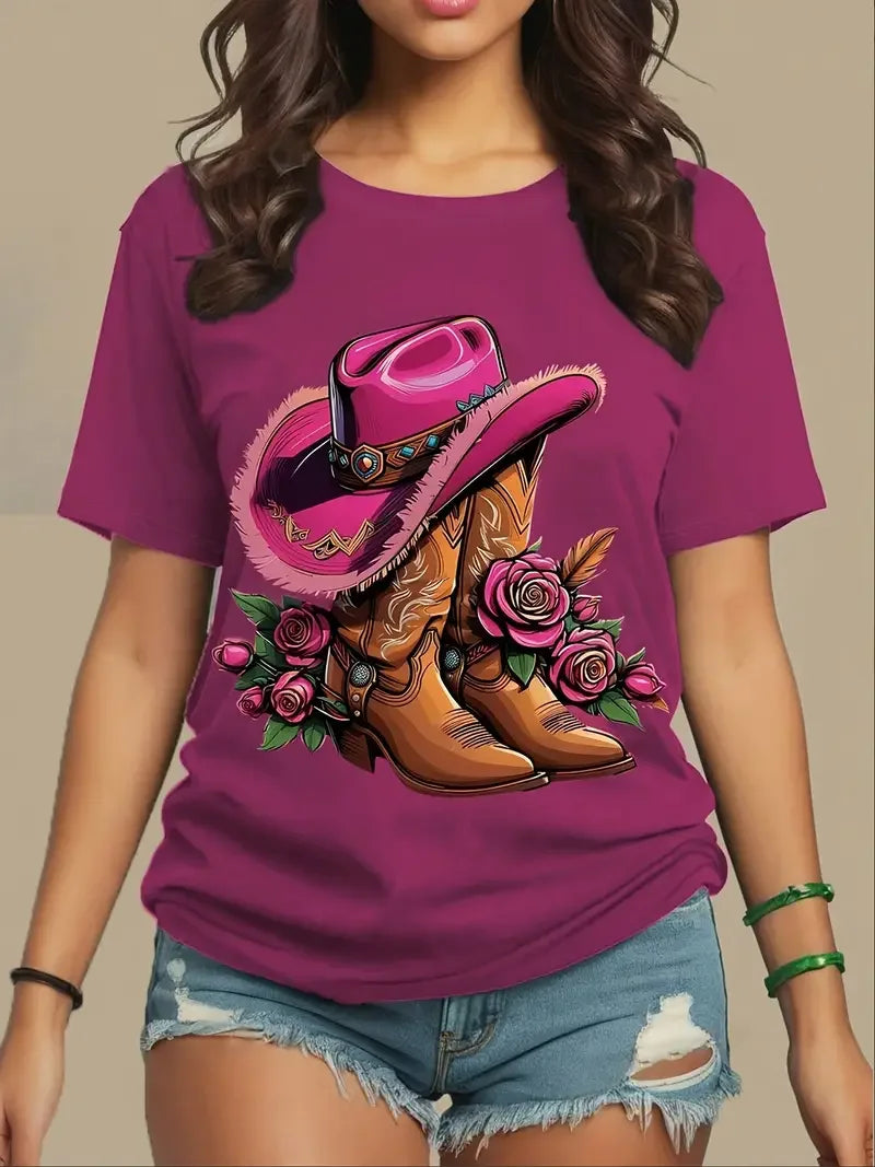 T-shirt femme motif cow-boy et bottes de l'Ouest, manches courtes décontracté et à la mode, col rond, coupe ample, vêtement de ville quotidien