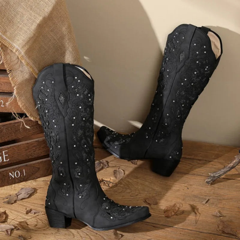 Women Embroidered White Western Cowboy Boots Block Heel Pull-On Pointed Toe Crystal Cowgirl Booties